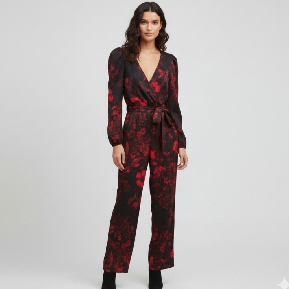 H&M Floral Red Black Belted Jumpsuit Size 6